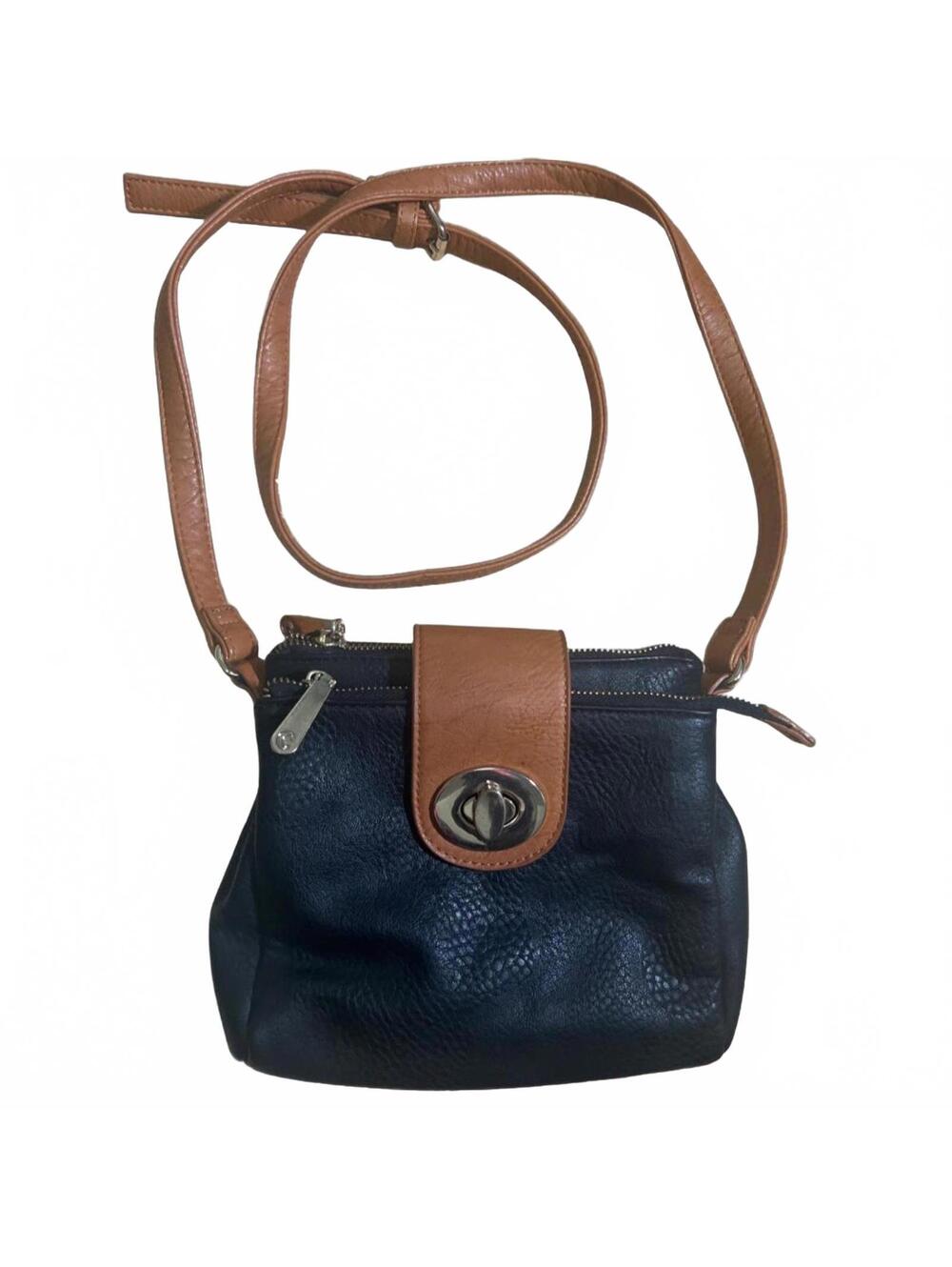 Charming Charlie Vintage Boho Small Black Leather Crossbody Purse with Tan Accen